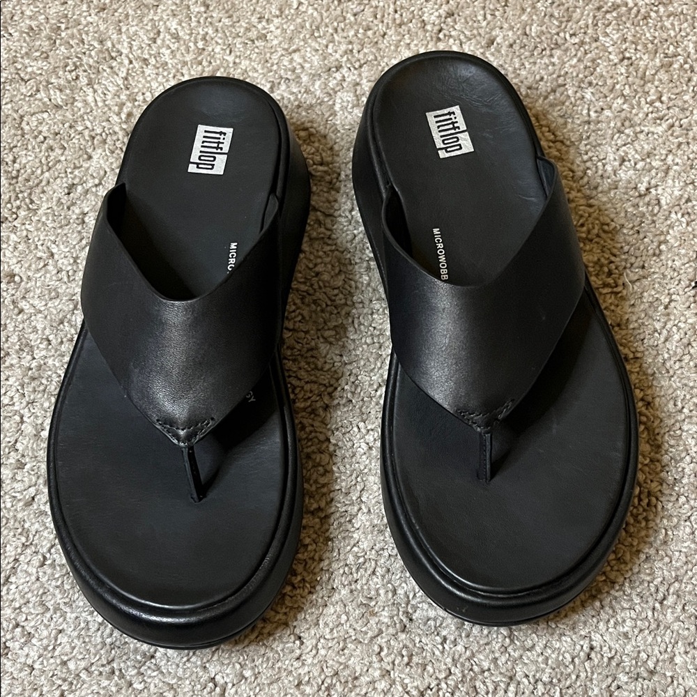 Fit Flop F Mode Black Leather Platform Thong Sandals Size 6